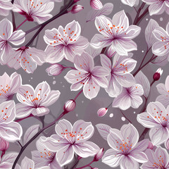 Seamless pattern with elegant cherry blossoms in soft lilac and pale pink tones