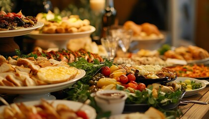 Abundant Buffet Table With Assorted Culinary Dishes, Fresh Herbs, and Diverse Food Selection