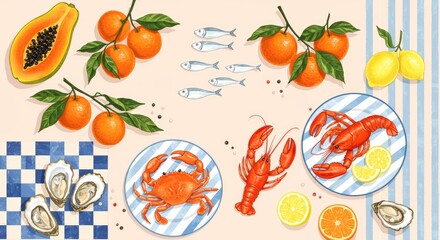 Seafood and Citrus Fruits Flatlay Illustration lobster crab oysters fish sardines oranges lemons papaya design graphic watercolor