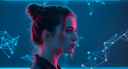 Fototapeta premium Profile of a Young Woman with Messy Bun Hair Illuminated by Neon Pink and Blue Light, with Abstract Geometric Network Background