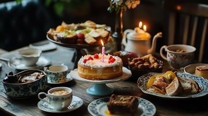 Naklejka premium Birthday Cake with Candle, Raspberries, Table Setting, Tea Cups, Sweets, and Teapot