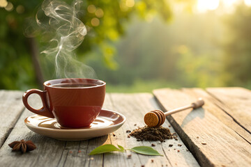 Hot rooibos tea steaming in ceramic cup on rustic wooden table outdoors, copy space