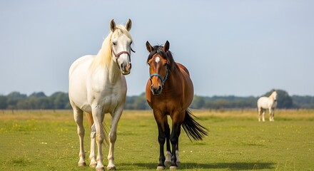 Obraz premium Two Horses in a Field on a Sunny Day.