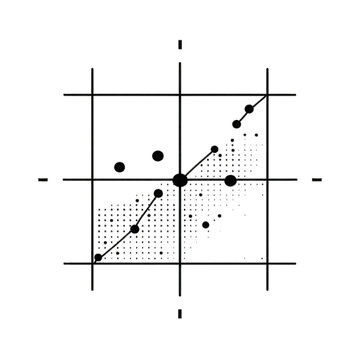 Scatter plot icon with labeled axes and data points, scientific visualization theme, minimal style, white background