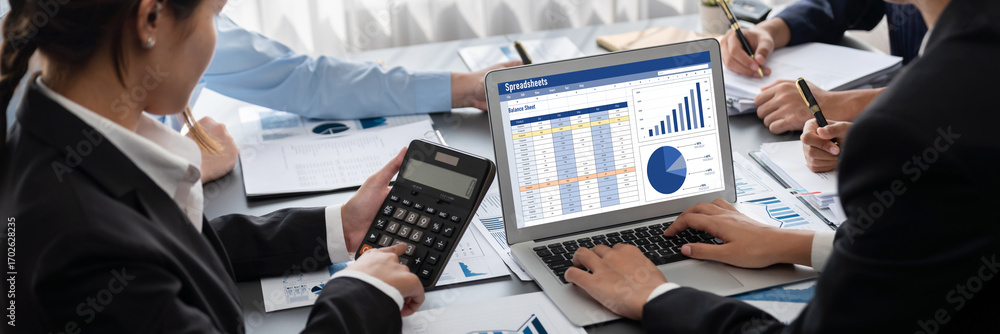 Poster business intelligence and data analysis concept. analyst team working on financial data analysis das
