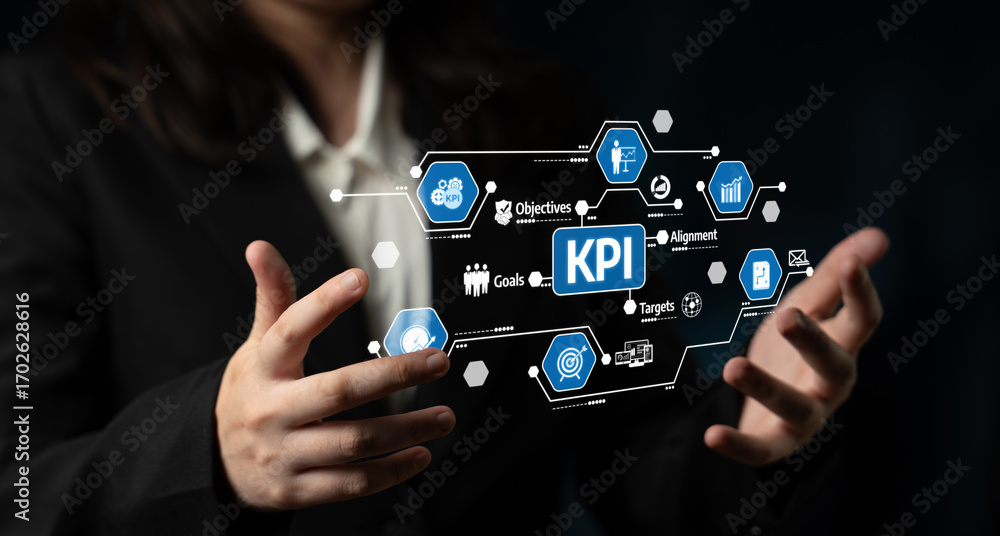 Poster a business professional analyzes key performance indicators (kpi) using digital icons and graphics, 