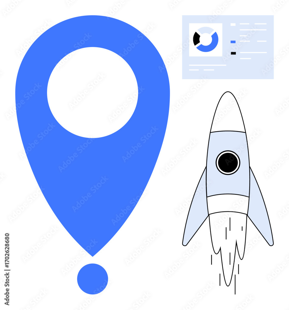 Poster rocket launching near blue map pointer and data chart dashboard. ideal for navigation, startup growt