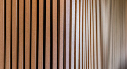 wooden panel rails on facade of the white building. Wall. Door. Architecture. Design. Street. Outdoor. Stylish modern house. Architectural