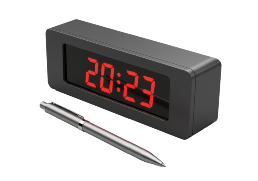 Sleek dark grey digital LED clock showing luminous red '20:23' at 45-degree angle, with silver pen beside it, on a bright transparent studio background. Concept of modern precision