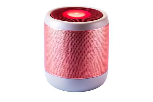 Sparkling red light cylinder speaker isolated on white background