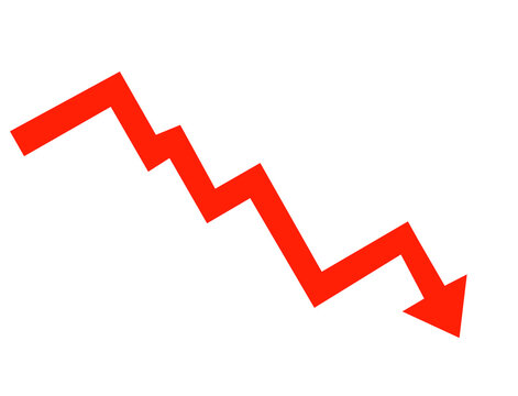 Red arrow graph showing downward trend isolated on transparent background