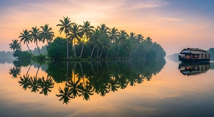 Scenic Sunrise over Kerala Backwaters with Houseboat.