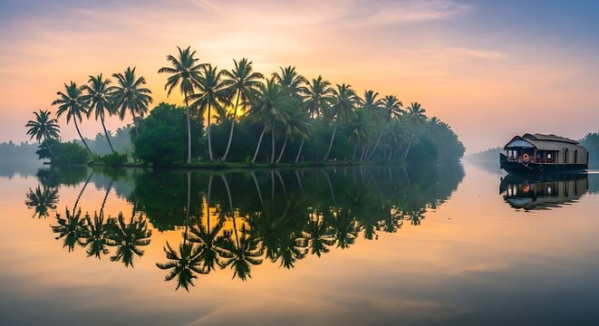 Scenic Sunrise over Kerala Backwaters with Houseboat.