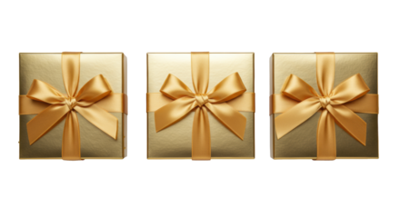 Three opulent golden gift boxes, reflective, shimmering satin bows on transparent with gold confetti, 45-degree top-down, bright soft light, luxury gifting concept