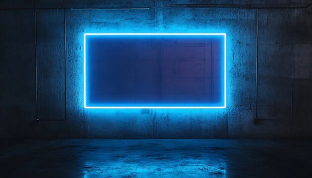 Concrete wall with rectangular blue neon glowing in modern room