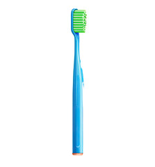 A light teal/blue colored toothbrush with a bright green bristle head.  The handle has a smooth, slightly curved shape