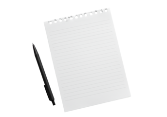 Pristine blank white notebook page, gray lines, torn top edge, sleek matte black pen, 45-degree overhead shot on seamless transparent background, concept of professional ideation
