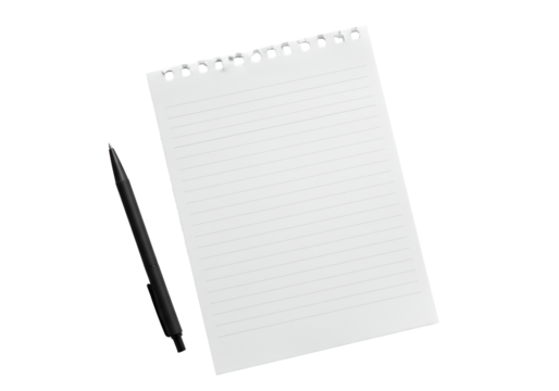 Pristine blank white notebook page, gray lines, torn top edge, sleek matte black pen, 45-degree overhead shot on seamless transparent background, concept of professional ideation