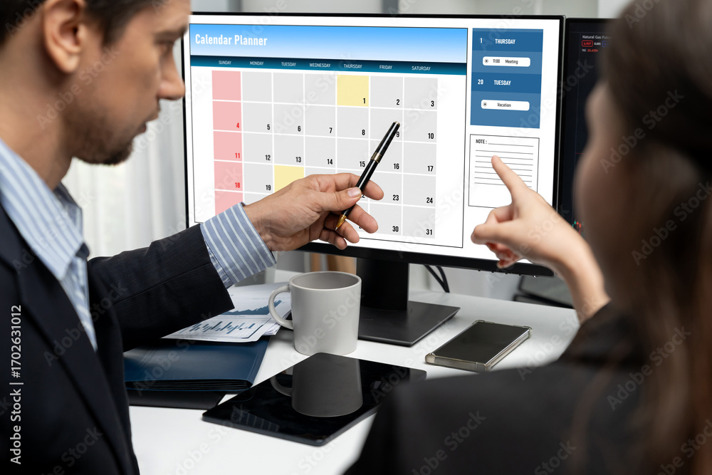 Poster calendar on computer software application for brisk schedule planning for personal organizer and onl