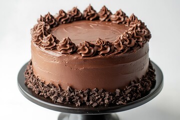 Delicious chocolate cake with frosting swirls and chocolate shavings on stand