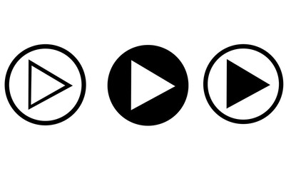 Three play button icons in a row, two in circles, one outlined, isolated on transparent background