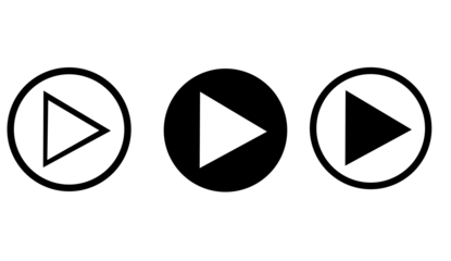 Three play button icons in a row, two in circles, one outlined, isolated on transparent background