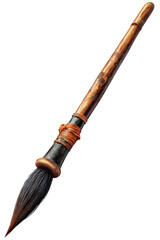Naklejka premium A long, angled brush with a wooden shaft. A dark, pointed brush tip. Wrappings around the handle
