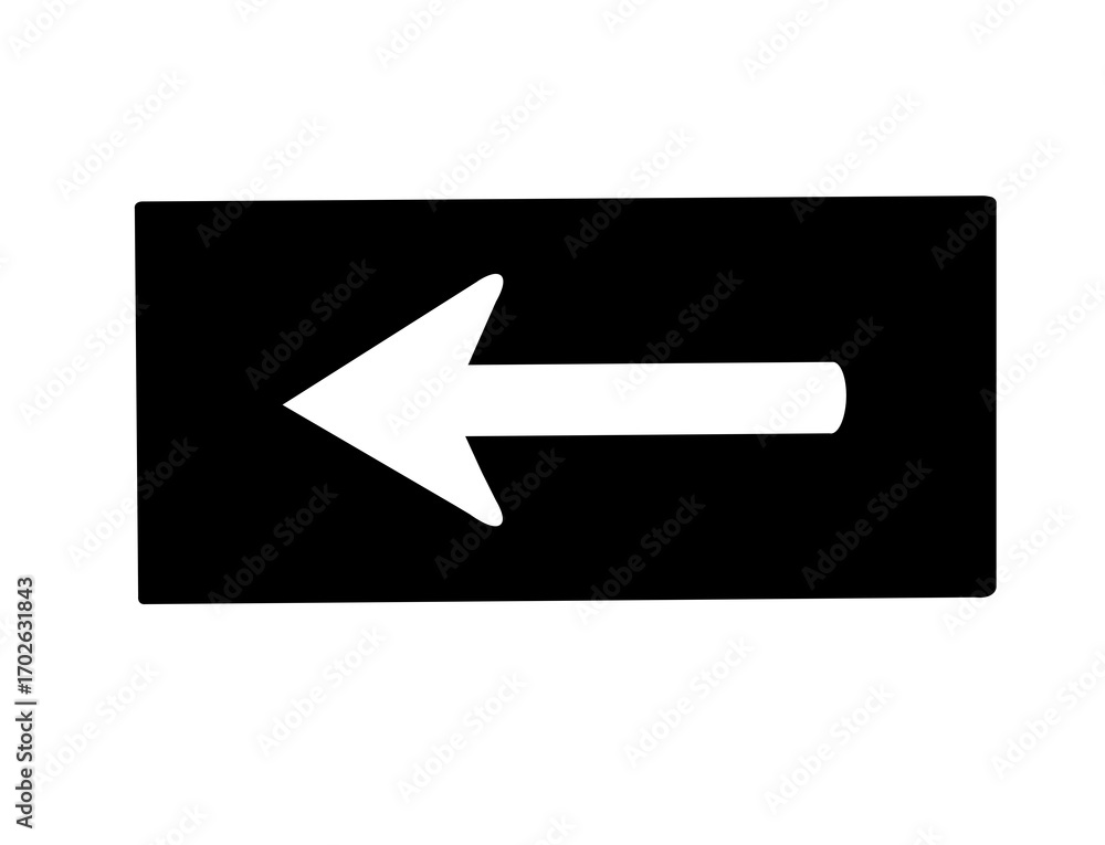 Poster white arrow pointing left on a black rectangle, isolated on transparent background