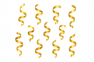 Shimmering golden serpentine ribbons cascading, creating festive holiday mood against transparent backdrop