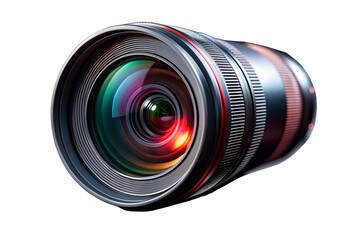 Camera lens with colorful reflections isolated on white background