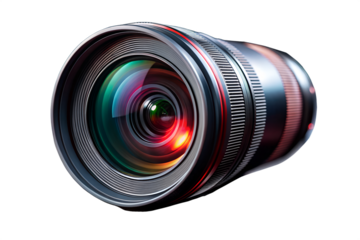 Camera lens with colorful reflections isolated on white background