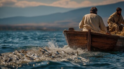 Dawn on the Sea of Galilee: Peter and John strain together, pulling heavy nets filled with fish, golden light reflecting on rippling water, symbolizing faith, labor, and divine blessing.