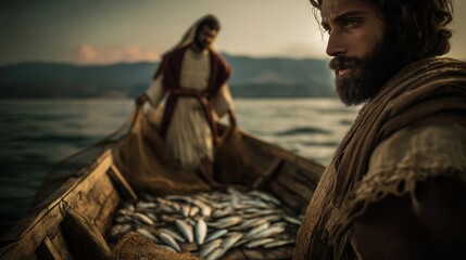 Dawn on the Sea of Galilee: Peter and John strain together, pulling heavy nets filled with fish, golden light reflecting on rippling water, symbolizing faith, labor, and divine blessing.