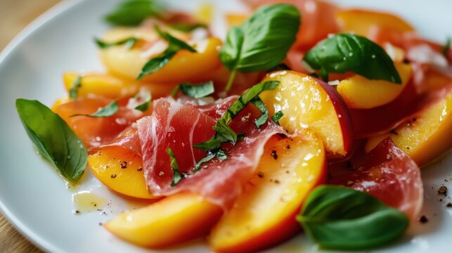 Peach and prosciutto salad with fresh basil. - Powered by Adobe