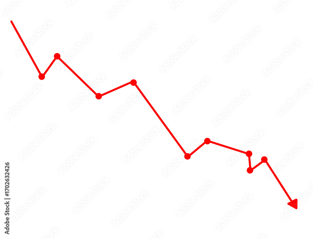 Poster red downward trending line graph with dots isolated on transparent background