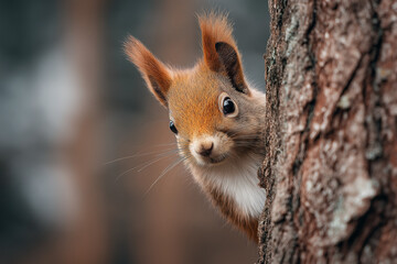 Fototapeta premium Photo of a red squirrel peeking out from behind a tree trunk in a forest, looking at the camera, squirrel, animal, red, tree, nature,