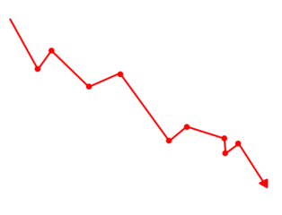 Red downward trending line graph with dots isolated on transparent background