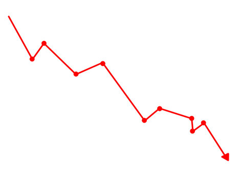 Red downward trending line graph with dots isolated on transparent background