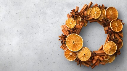 Handmade Christmas Wreath with Dried Oranges, Cinnamon Sticks, and Star Anise on Concrete Wall Background for Rustic Holiday Decoration or Seasonal Greeting