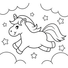 Cartoon unicorn flying among clouds and stars illustration