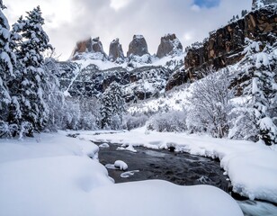 Snowy mountain river valley
