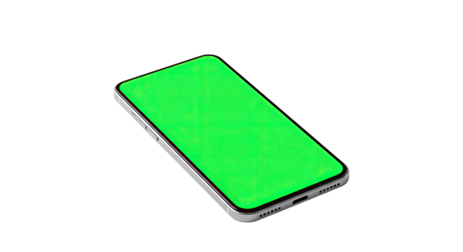 Sleek Silver Smartphone with Vibrant Green Screen on White Background: A HighResolution Mockup for App Presentation and Digital Marketing