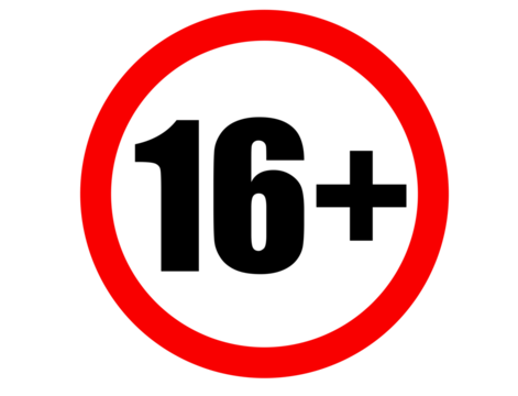 Sixteen plus age restriction warning sign isolated on transparent background