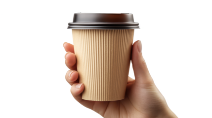 Hand with coffee to go cup isolated on transparent background