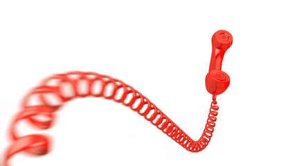 Red telephone receiver on white background. Close-up. Levitation. Bokeh. 3D render. Illustration.
