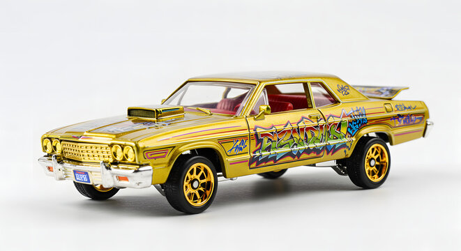 Collectible miniature gold classic lowrider car with colorful details on a white background
