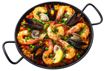 A vibrant paella dish, showcasing seafood and rice