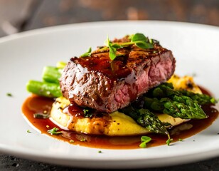 Gourmet steak with mashed potatoes and asparagus