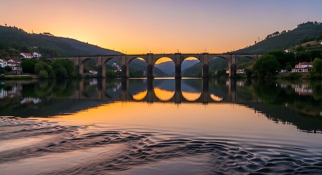 Serene evening landscape with a multi arched bridge reflecting in the river at sunset.