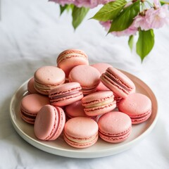 Fototapeta premium Ai generated image of pile of delicate pink macarons arranged on a white plate with a branch of pink cherry blossoms and green leaves above